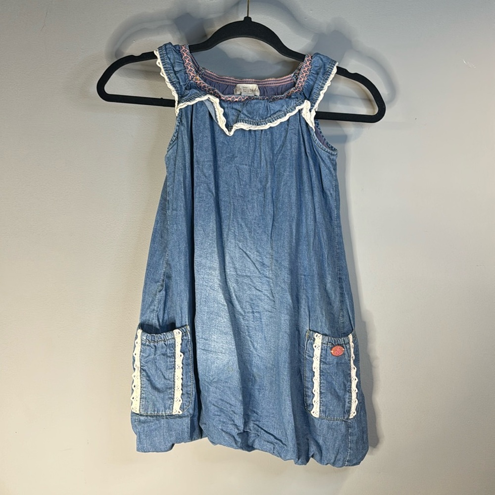 Blue Denim Sleeveless Dress with Lace Trim